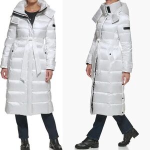 Karl Lagerfeld white Contrast Belted Longline down Puffer Jacket M $350